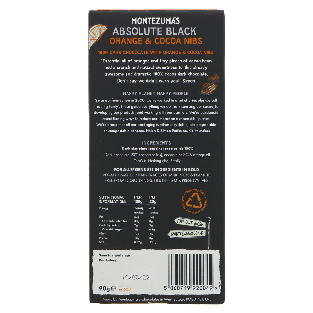 Montezuma's Absolute Black-orange & C/nib 90G: 100% cocoa dark chocolate infused with essential orange oil & cocoa bean pieces. Vegan.