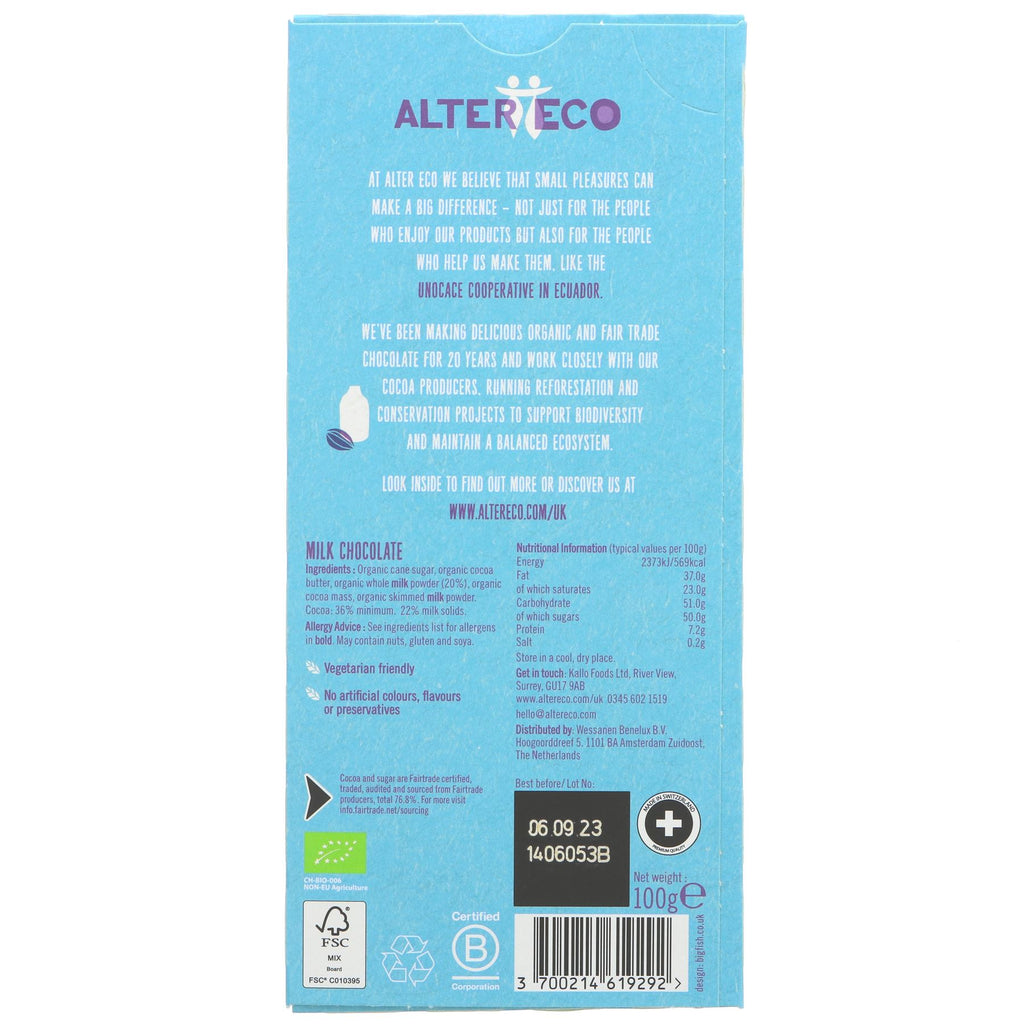 Altereco's Milk Chocolate: Fairtrade, Organic, No added sugar, guilt-free. Perfect for snacking or baking. 100g.