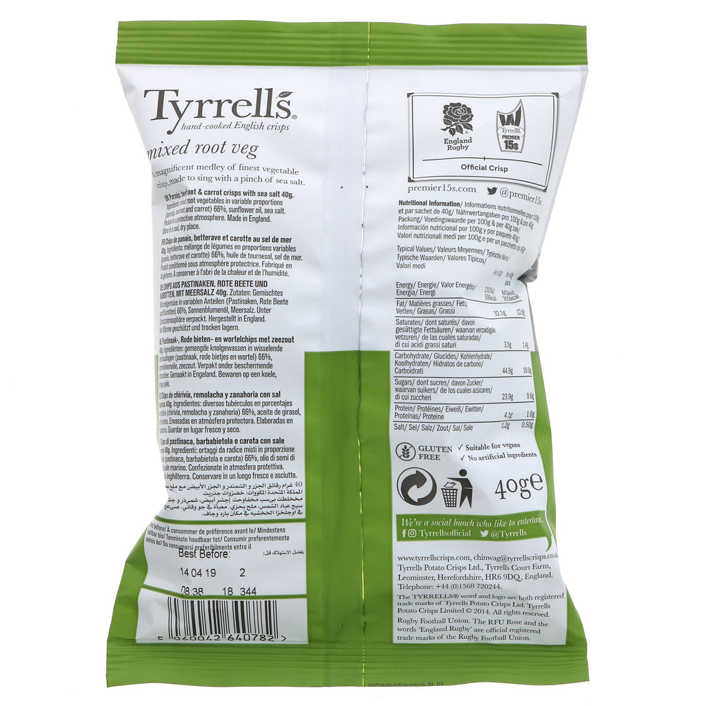 Tyrrells Mixed Roots veggie crisps: gluten-free, vegan & delicious blend of beetroots, carrots & parsnips.