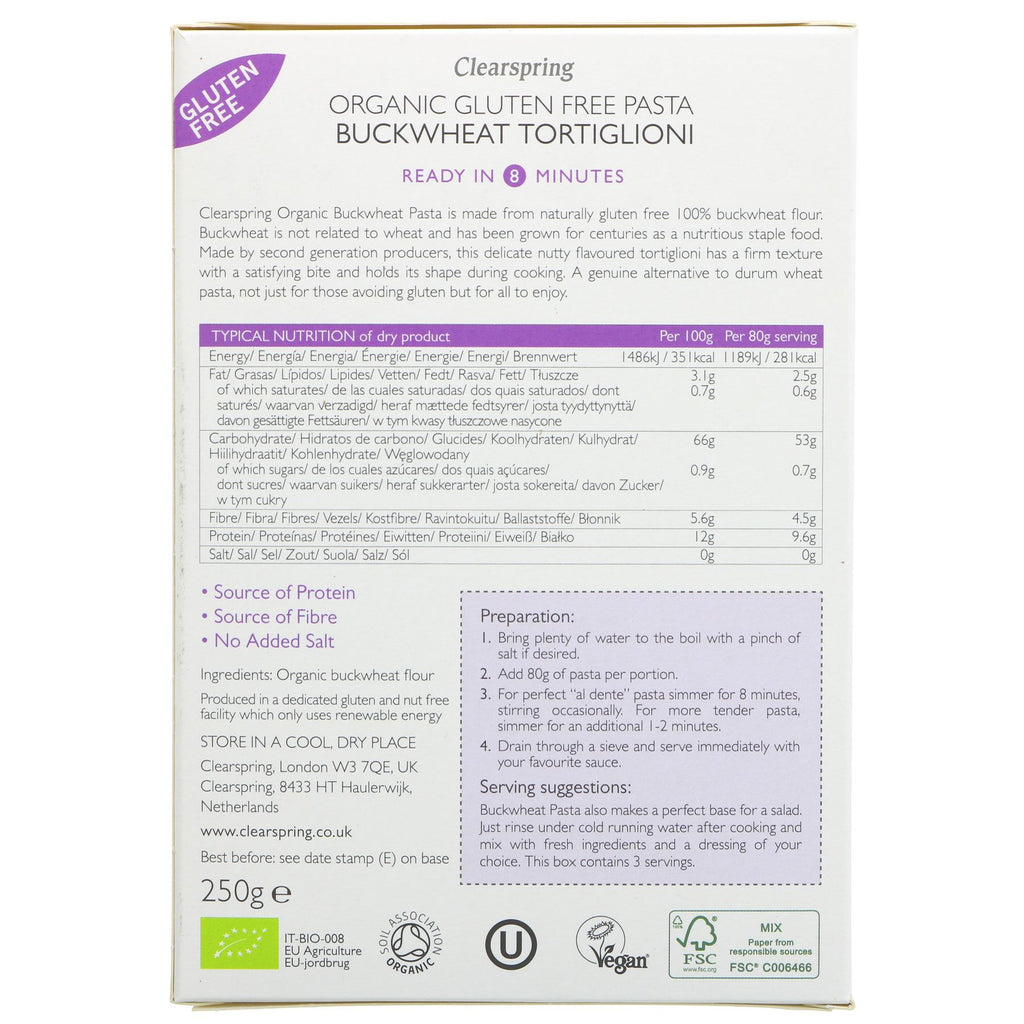Clearspring Gluten Free Buckwheat Pasta - Tortiglioni. Organic and vegan, perfect for those avoiding gluten. Firm texture and nutty flavor.