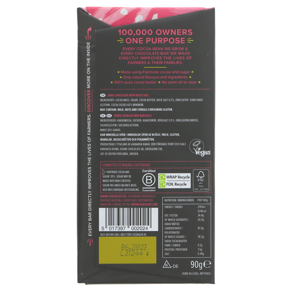 Divine Dark Chocolate with Pink Salt - Fairtrade, Vegan, and No Added Sugar - Perfect for guilt-free snacking or pairing with wine.