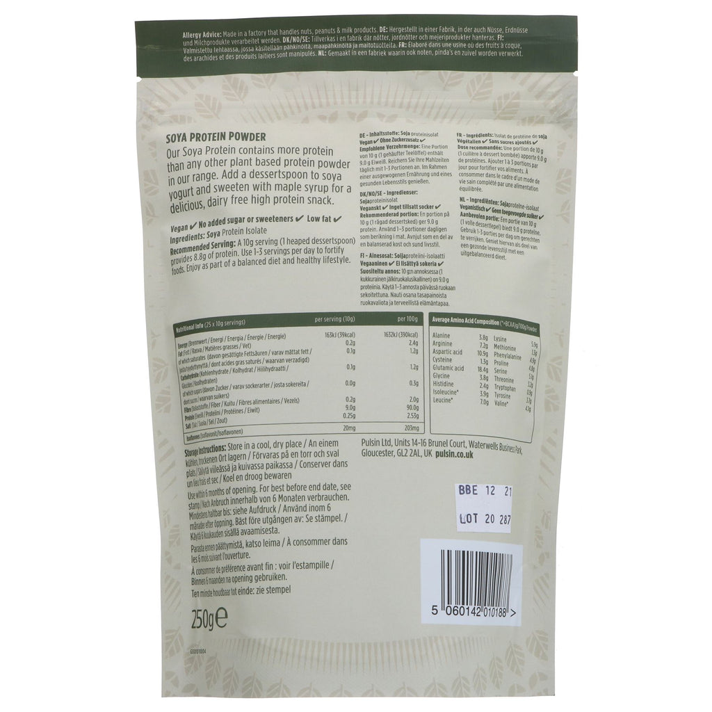 Vegan & Gluten-Free Soya Protein Powder by Pulsin | 250g | Dairy-Free & High in Essential Amino Acids | Superfood Market