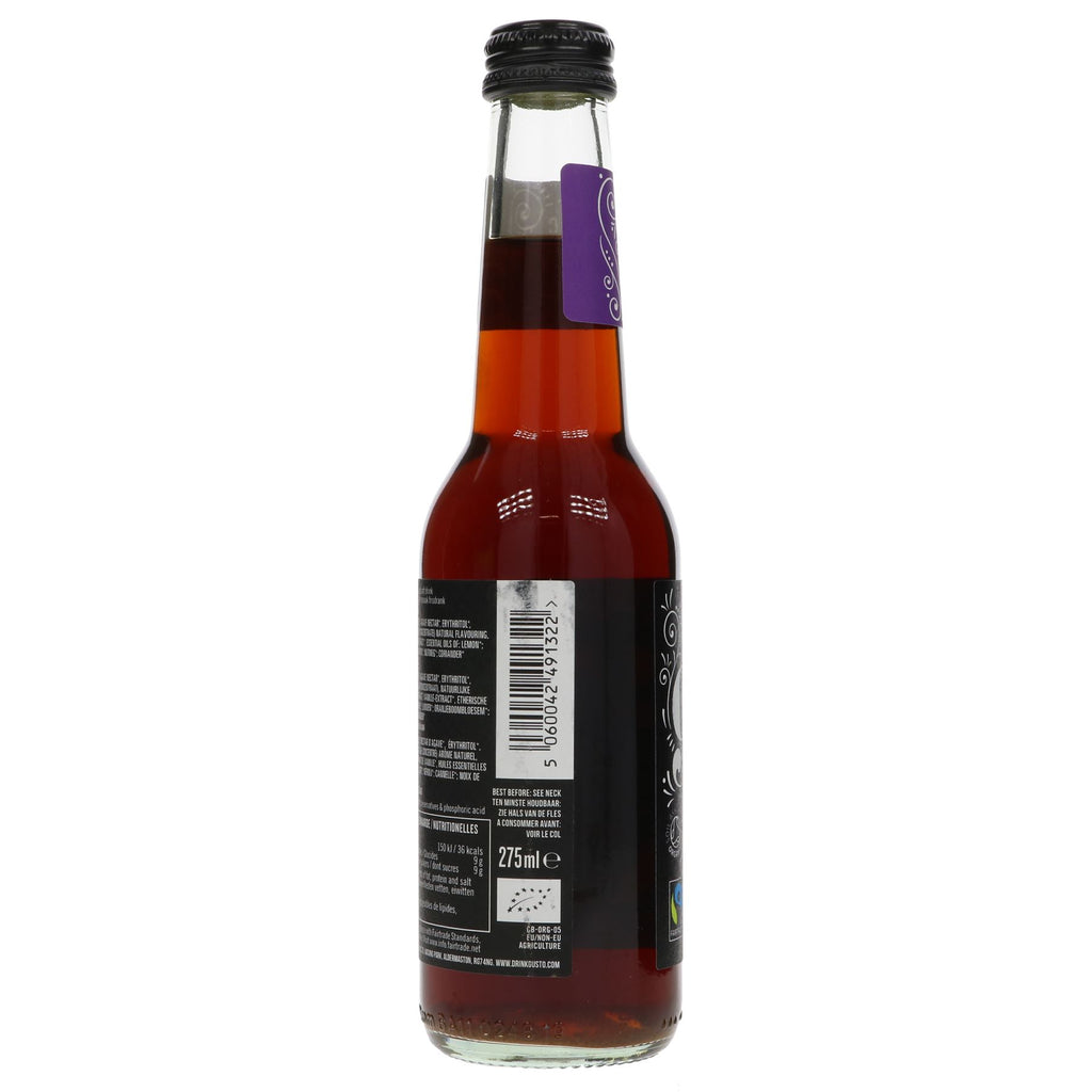 Gusto's Organic Real Cola. Fairtrade, gluten-free and vegan. Made with blue agave and African cola nut. 275ml bottle.