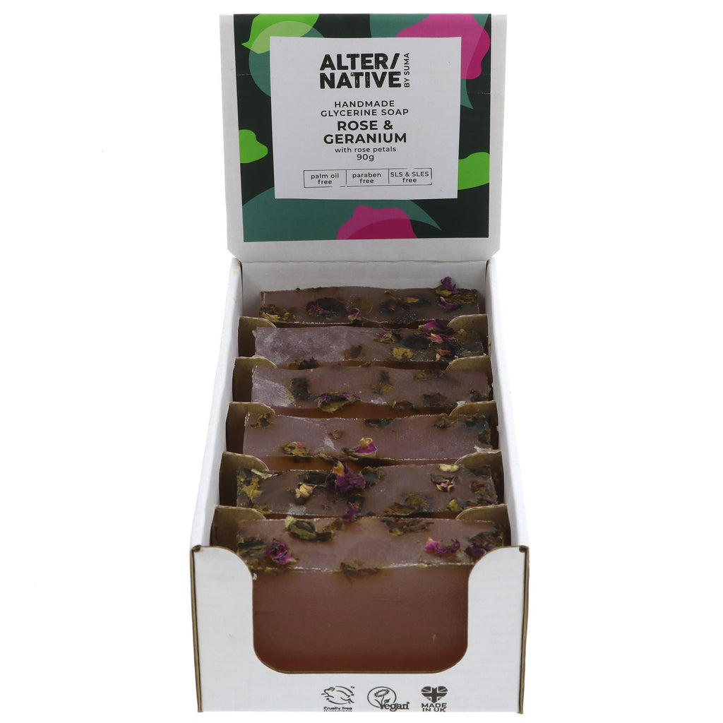 Calming rose and geranium glycerine soap with essential oils and rose petals. Vegan, palm oil-free, and cruelty-free.
