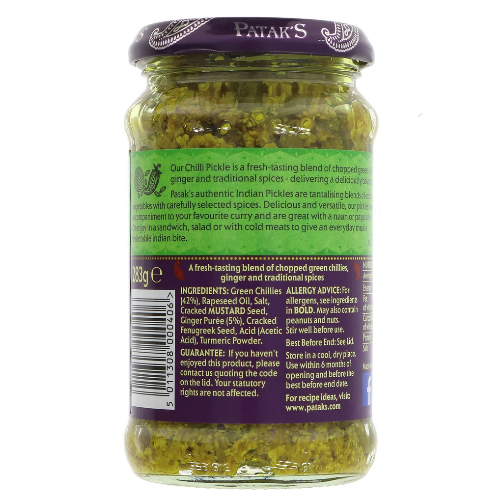 Patak's Chilli Pickle: Gluten-free, vegan & versatile condiment for Indian dishes, sandwiches, and burgers.