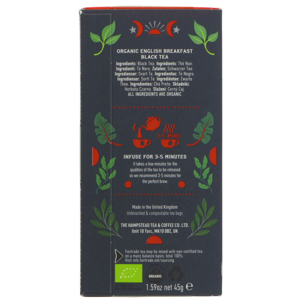 Organic & Fairtrade English Breakfast Tea - Full Strength, Vegan & Delicious | Hampstead Tea | 20 bags