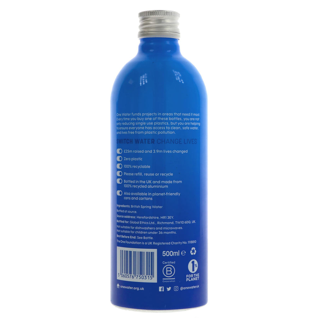 One Water | Vegan Natural Spring Water | 500ML | Ethically Sourced & Refillable Aluminium Bottle