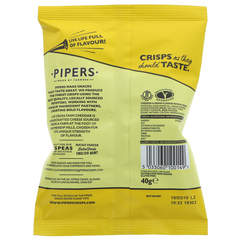 Pipers Crisps: Lye Cross Cheddar & Onion, 40G. Gluten-free, no added sugar, and made with delicious Lye Cross cheese. Perfect for snacking!
