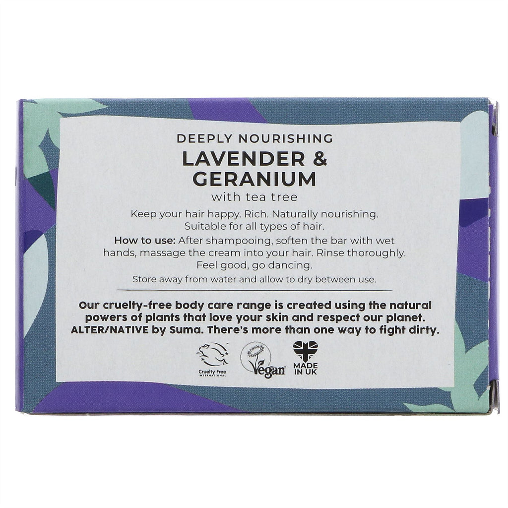 Luxurious lavender, geranium and tea tree vegan hair conditioner bar handmade with essential oils for healthy, shiny locks. Planet-friendly & cruelty-free.