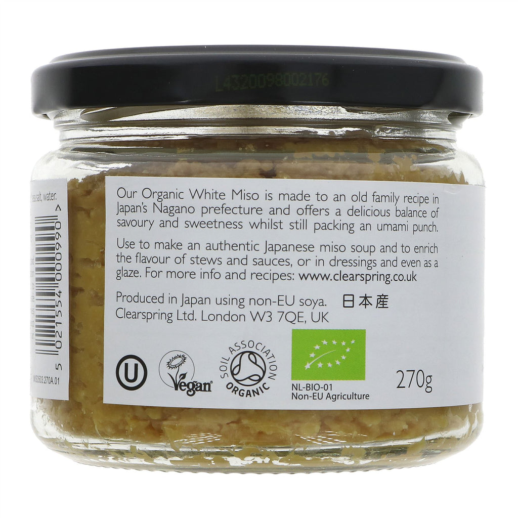 Organic, vegan Japanese White Miso packed with umami flavor - perfect for soups, stews, dressing or glaze.
