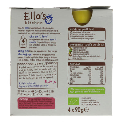Ella's Kitchen's White One - Multi Pack: Organic, Vegan, Coconut Milk Smoothie Fruits with Pineapple, Banana, Apple & Lemon (4x90g).