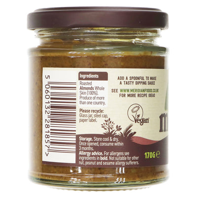 Meridian Almond Butter Crunchy - Vegan, 100% Nuts, No Added Salt. Perfect for toast or baking. Sold at Superfood Market.