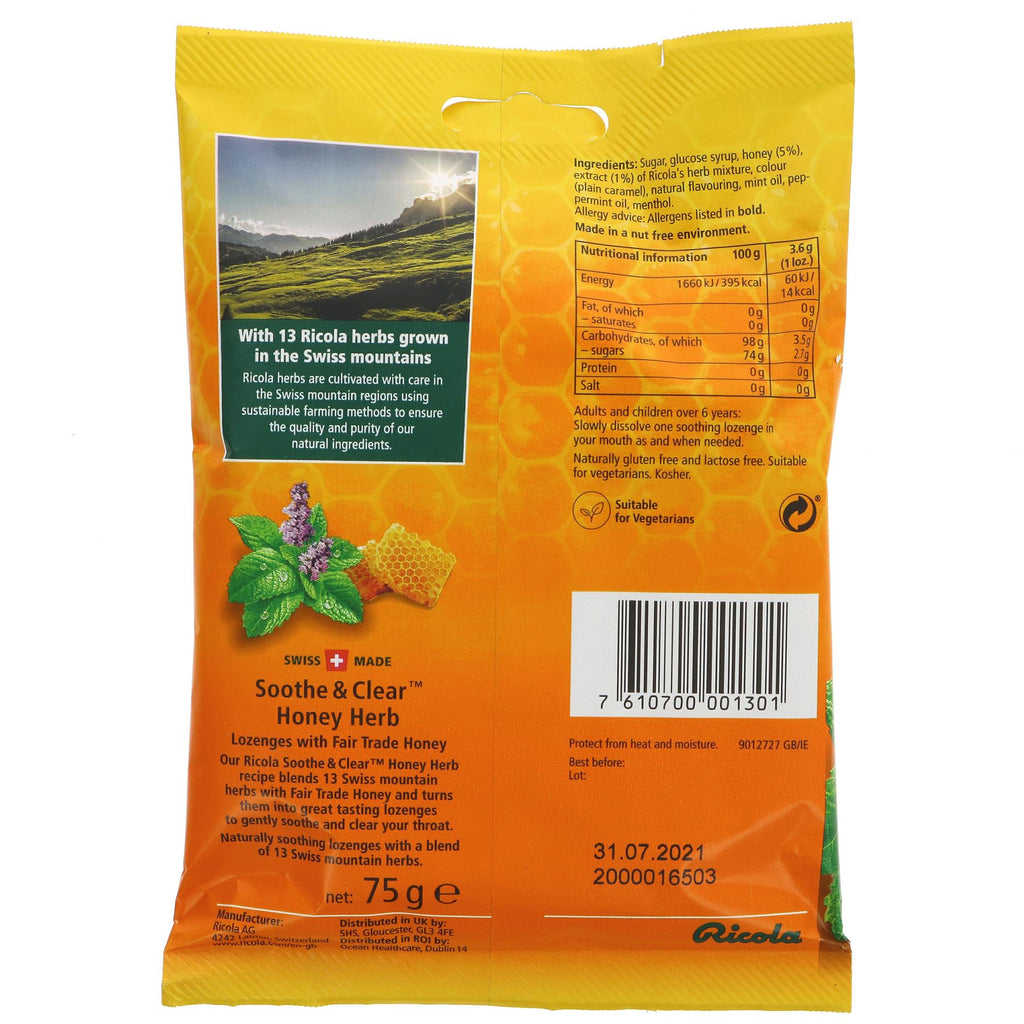 Ricola Honey Herb Bag: 75g, 13 Swiss herbs and Fair Trade honey, gluten-free & sugar-free - nature's remedy for cold/flu season.