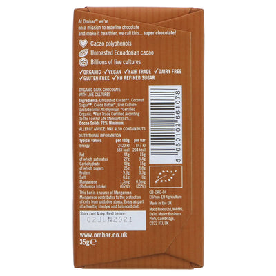 Indulge in Ombar's Dark 72% Raw Chocolate - Fairtrade, vegan, organic, gluten-free & fruity. No added sugar.