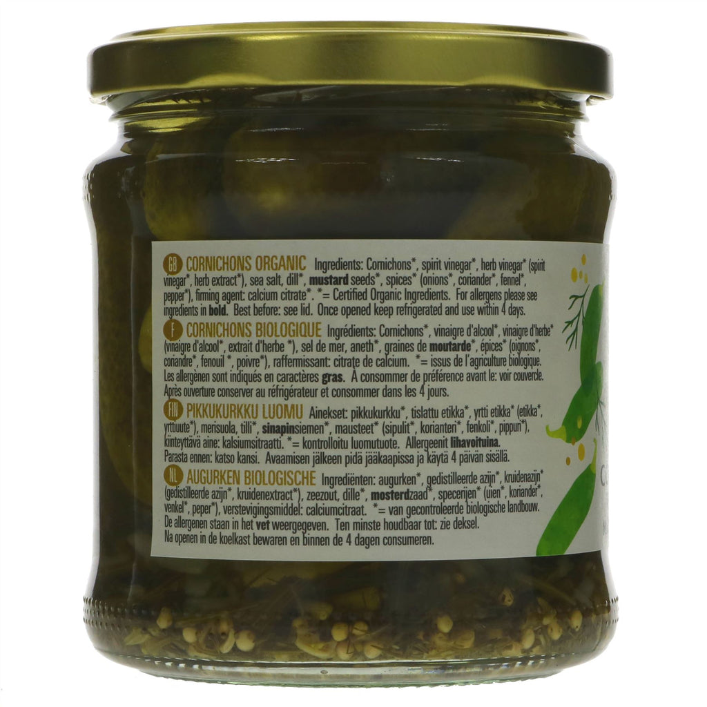 Biona's Organic Cornichons - mini gherkins with dill and mustard seeds. Vegan and guilt-free treat!