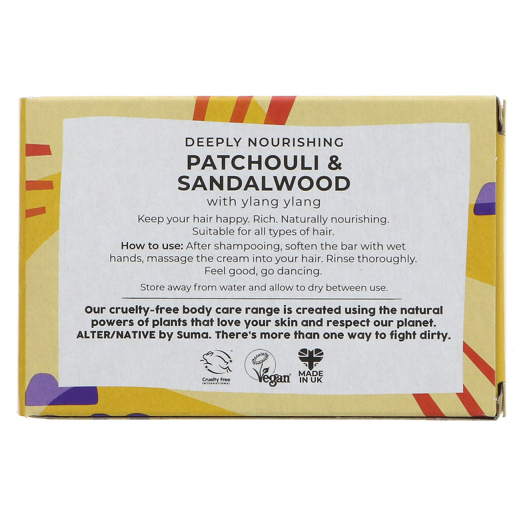 Luxurious vegan hair conditioner bar with Patchouli, Sandalwood, and Ylang Ylang oils. Nourishes and moisturizes all hair types. Cruelty-free and eco-friendly.