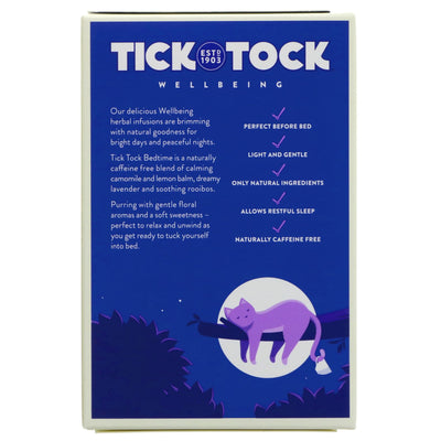 Tick Tock Bedtime Tea - Vegan blend of camomile, lemon balm, lavender & rooibos. Enjoy the gentle floral aromas for a peaceful night's sleep.