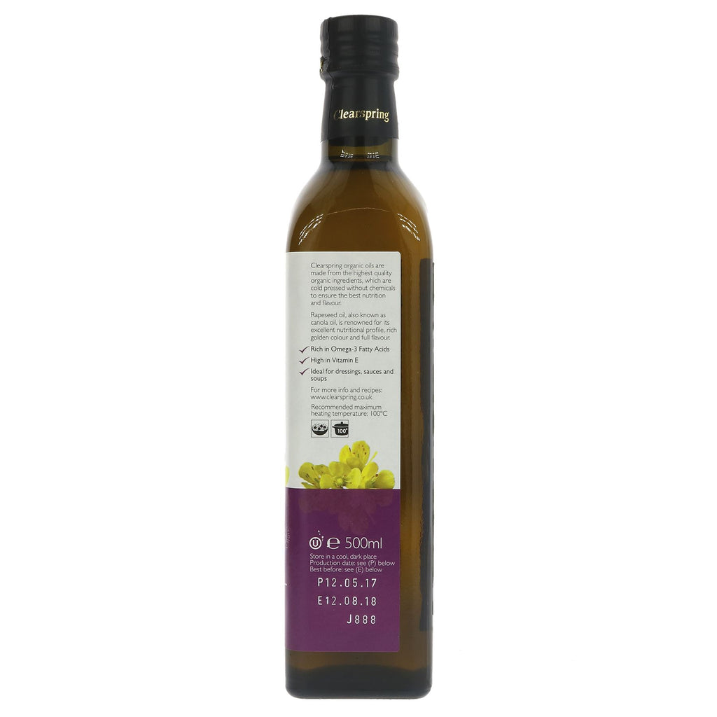 Clearspring Organic Rapeseed Oil: packed with vitamin E & omega, vegan, nutty & sweet flavor. Perfect for dressings, sauces & soups.