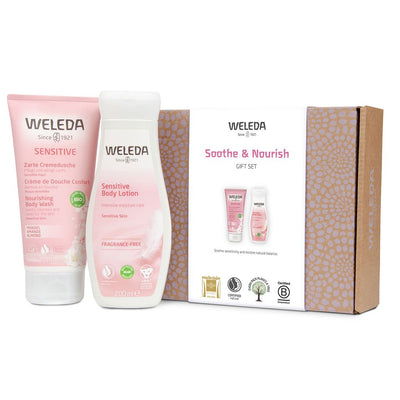 Soothe & Nourish Gift Set by Weleda: Vegan self-care ritual with nourishing coconut and jojoba oils for calm, kind, and peaceful skin.