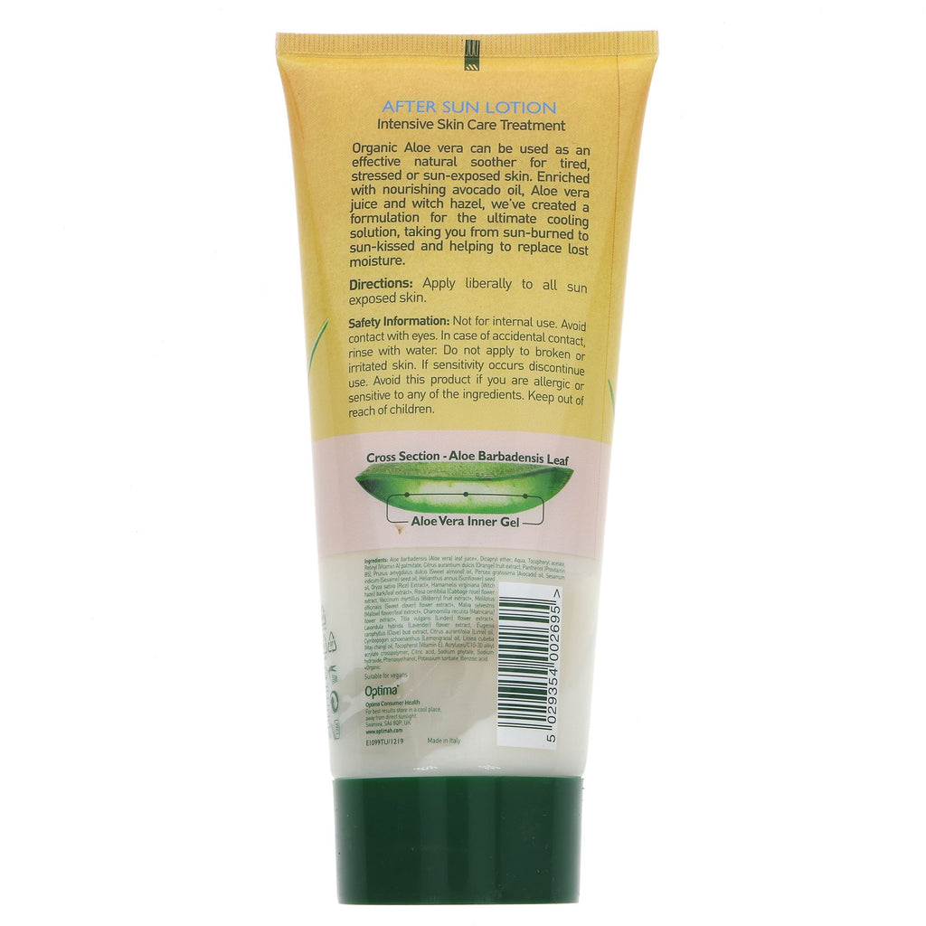 Organic Aloe Vera After Sun Lotion. Soothes and hydrates with Vitamin E, Avocado, Almond Oil, Chamomile & Lavender. Vegan.