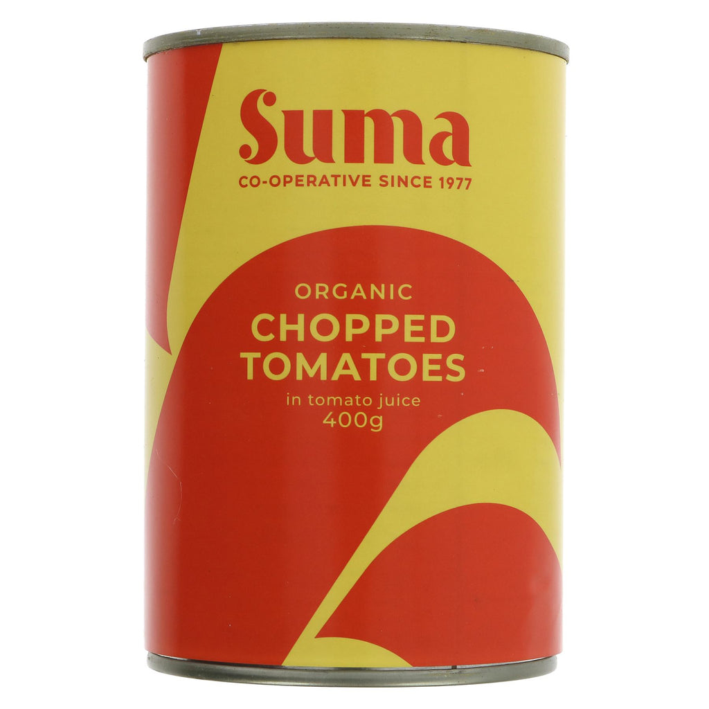Suma's chopped organic tomatoes - grown & ripened in the Mediterranean sun. Use them in base, soups, stews & sauces. Vegan & organic.
