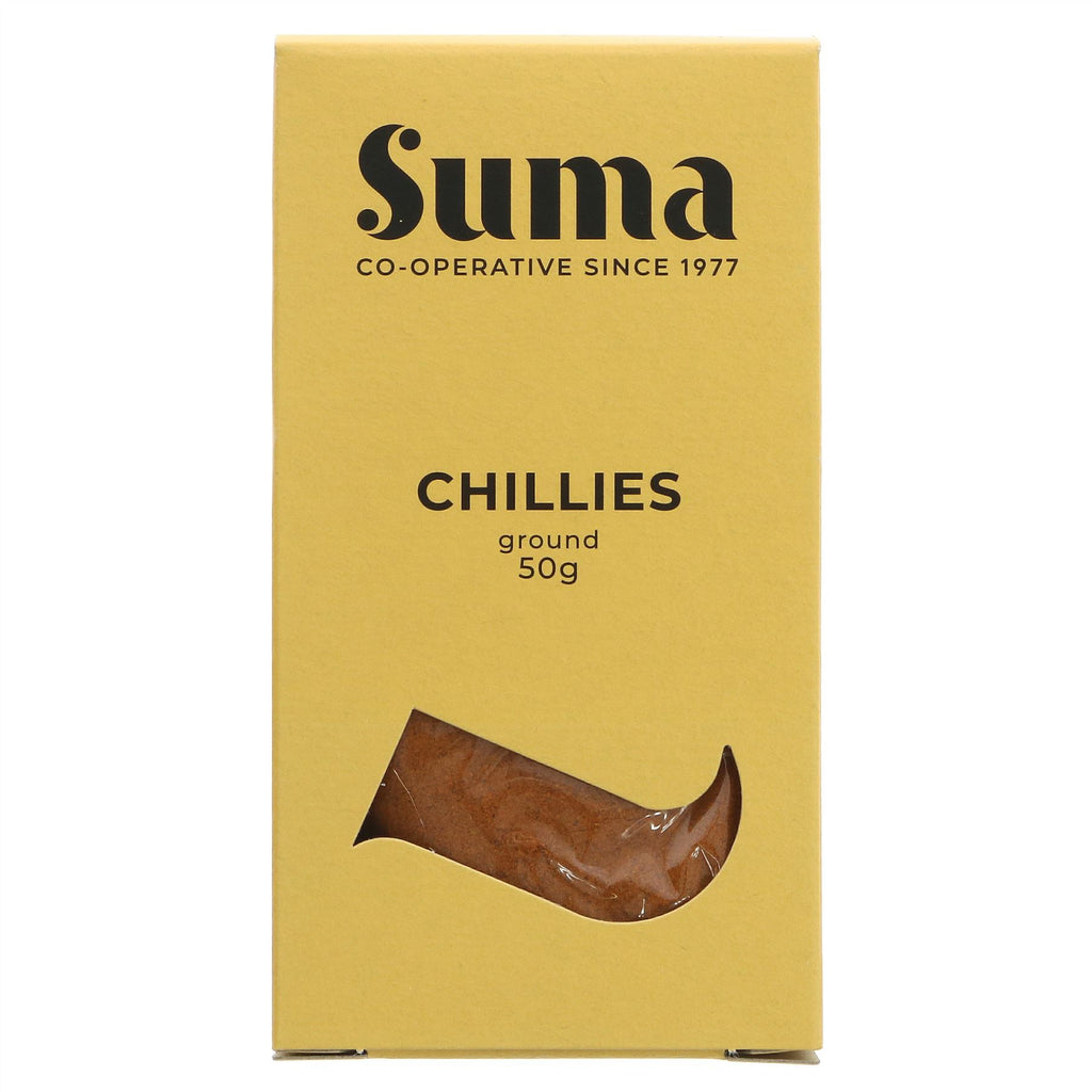 Suma's ground chilli - perfect for adding a kick to soups, stews, curries & more. #herbsandspices #chillipowder #vegan #cooking #baking.