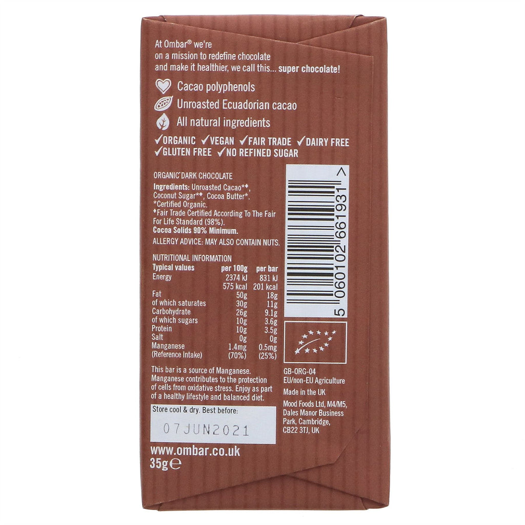 Ombar 90% Raw Chocolate | Organic, Fairtrade, Vegan, Gluten-Free | No Added Sugar | 35G Bar