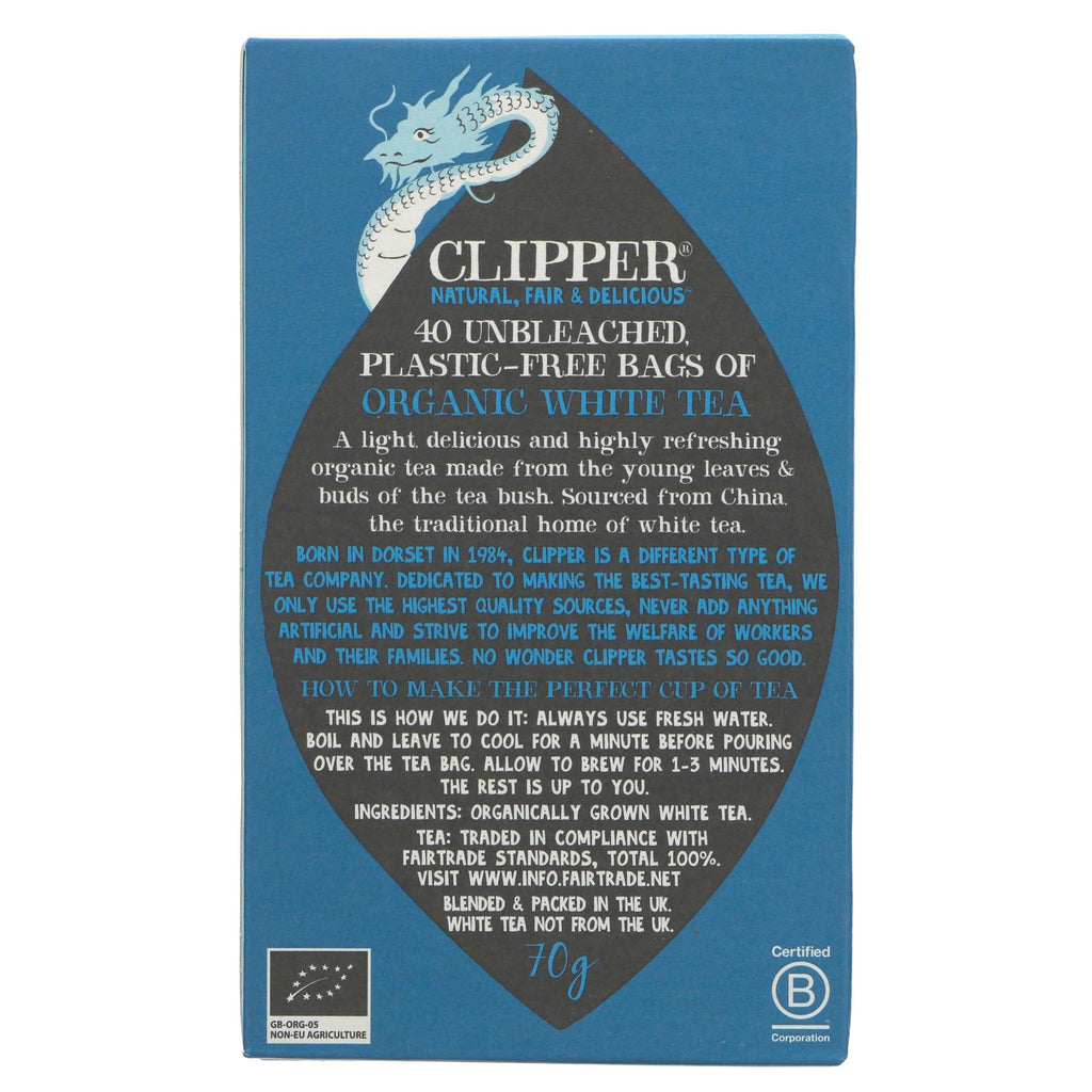 Indulge in Clipper's FT Organic White Tea - Fairtrade, gluten-free, and vegan, with unbleached and plastic-free bags.