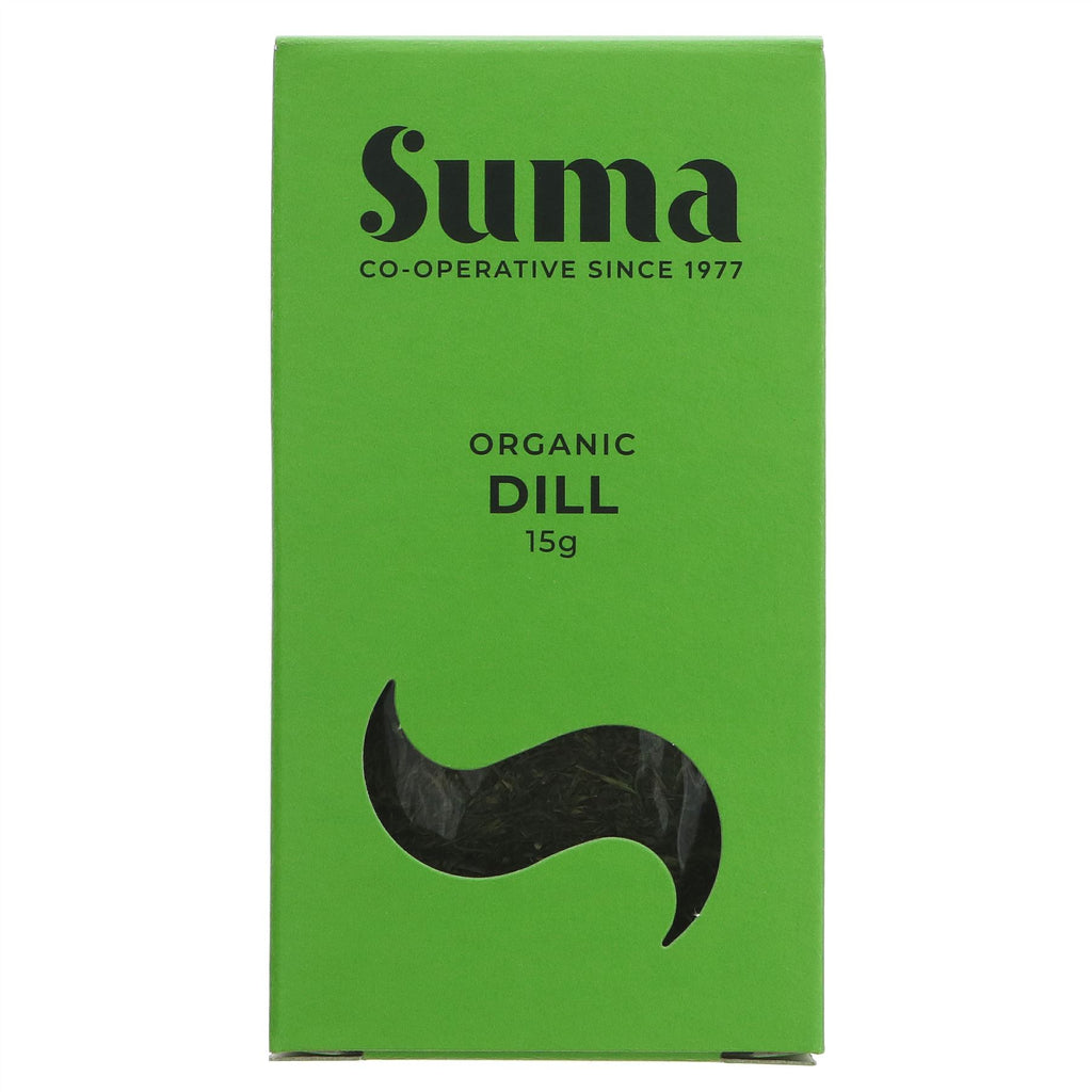 Suma Organic Dill Herb - 15g, perfect for seasoning fish, potatoes, and salads. Vegan and organic. No VAT charged.