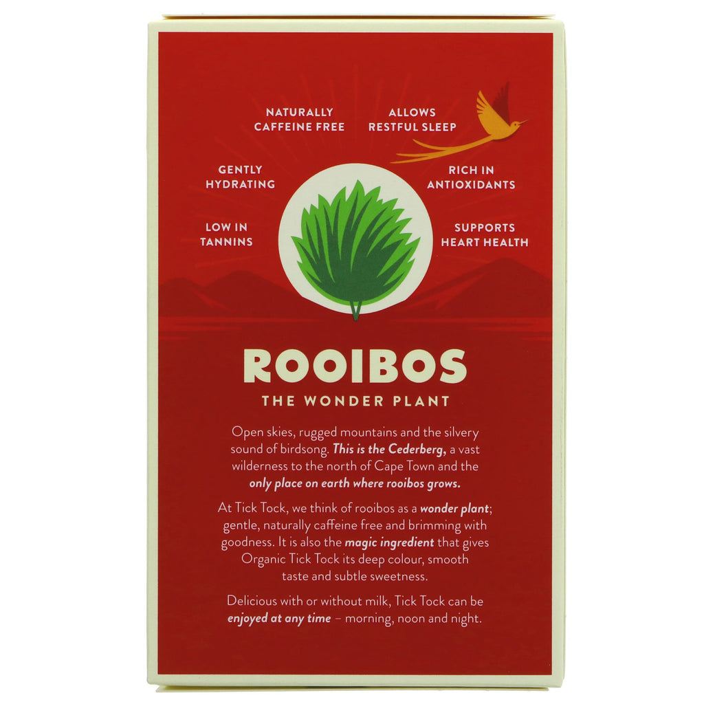 Organic, vegan-friendly Tick Tock Rooibos tea in 40 bags - perfect any time, packed with antioxidants. No VAT charged.