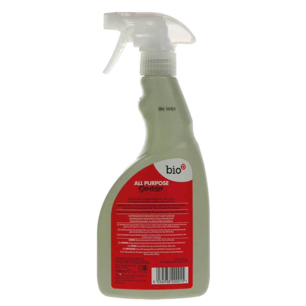Vegan all-purpose sanitiser spray for non-toxic home cleansing. 500ml from Bio D - Eco-friendly cleaning.