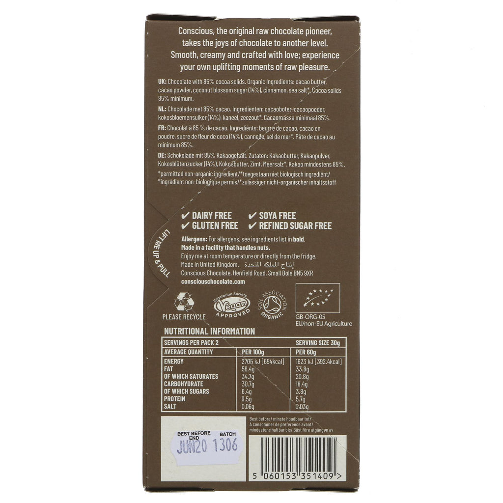 Conscious Chocolate | Dark Side 85% Raw Bar | Vegan & Gluten-Free | Organic Ingredients | No Added Sugar.