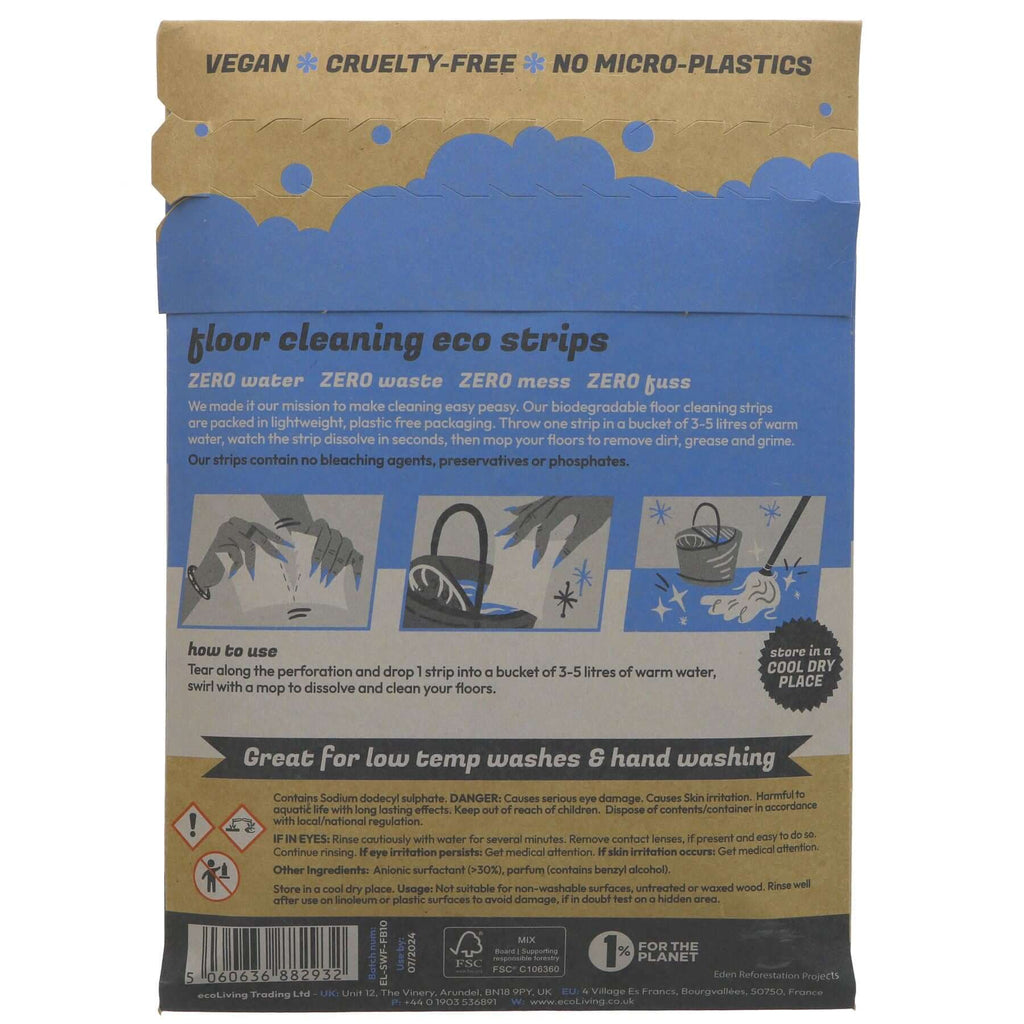 Vegan floor cleaning strips - dissolvable, plastic-free, eco-friendly. Mop away dirt, grease, and grime without harsh chemicals!