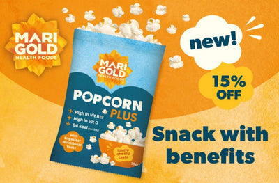 Indulge in Marigold's Popcorn Plus, a vegan snack with a healthy twist. Sprinkled with engevita nutritional yeast & sea salt, it's cheezy & satisfying. Packed with vitamin B12, vitamin D & fibre, this 94kcal treat is gluten-free & convenient. Perfect for guilt-free snacking!