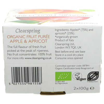 Clearspring | Apple & Apricot Puree - Org | 2X100G | Organic, vegan, and delicious. Perfect as a snack, yogurt/cereal topping, or dessert ingredient.