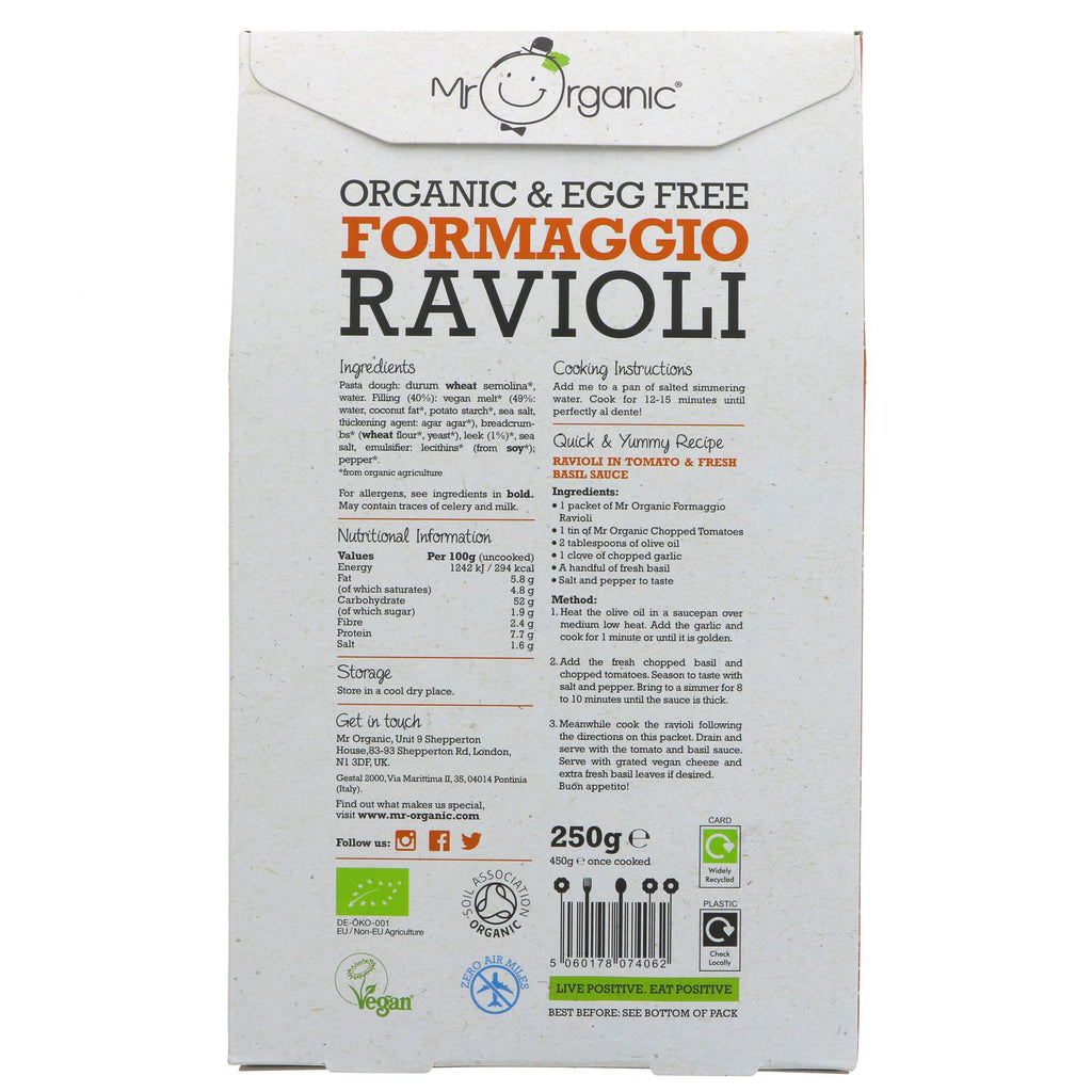 Mr Organic Vegan Formaggio & Leek Ravioli: organic, vegan, & egg-free pasta. Perfect for a quick meal or paired with your favourite sauce.