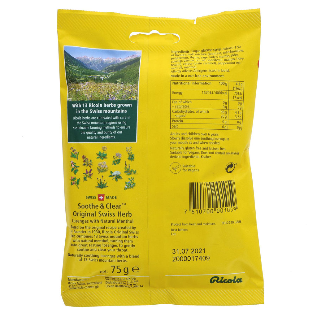 Ricola Original Bag: 75G of vegan, gluten-free throat lozenges made with 13 Swiss mountain herbs and natural menthol.