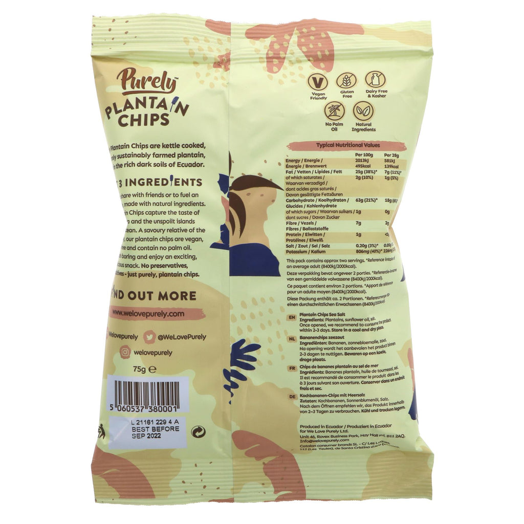 Purely Plantain Chips Sea Salt, gluten-free, vegan, guilt-free indulgence, perfect snack any time.