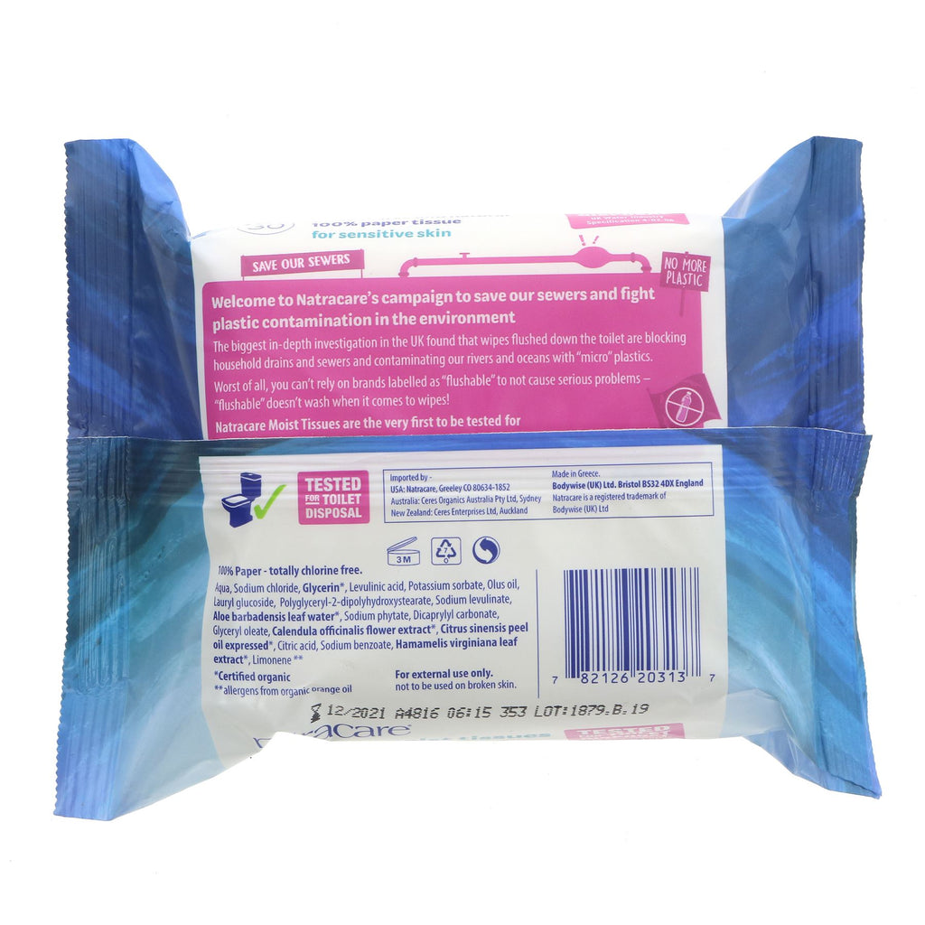 Natracare Safe To Flush Moist Tissues - 100% paper, organic formula, with aloe vera & witch hazel. Vegan & marine life safe.