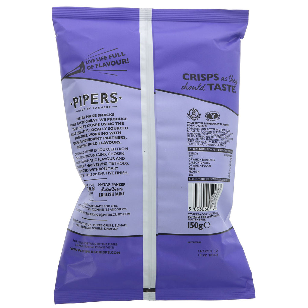 Pipers Crisps | Wild Thyme & Rosemary | Gluten Free, Vegan, No Added Sugar | 150G Sharing Bag | Enjoy as a snack or with your favorite dip.