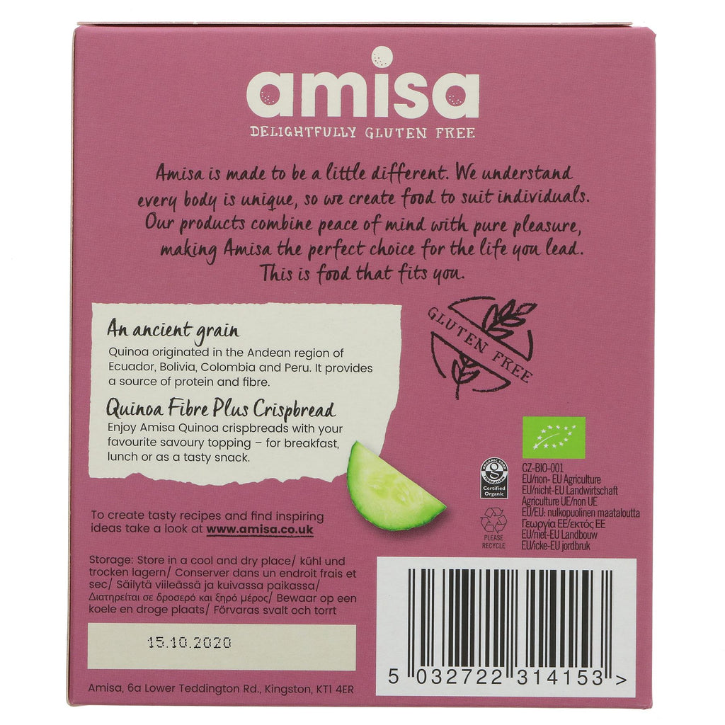 Amisa's Quinoa Fibre Plus Crispbread - organic and vegan. Light, crunchy snacks perfect for any time of day.