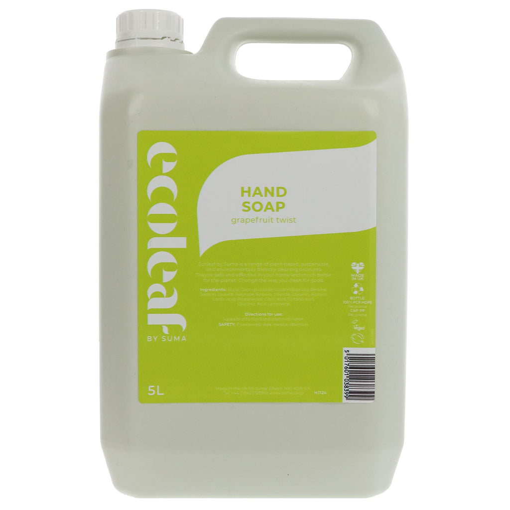 Eco-friendly 5l Liquid Hand Soap, Grapefruit Twist scent. Natural, biodegradable, vegan, cruelty-free, and gentle on skin and the environment.
