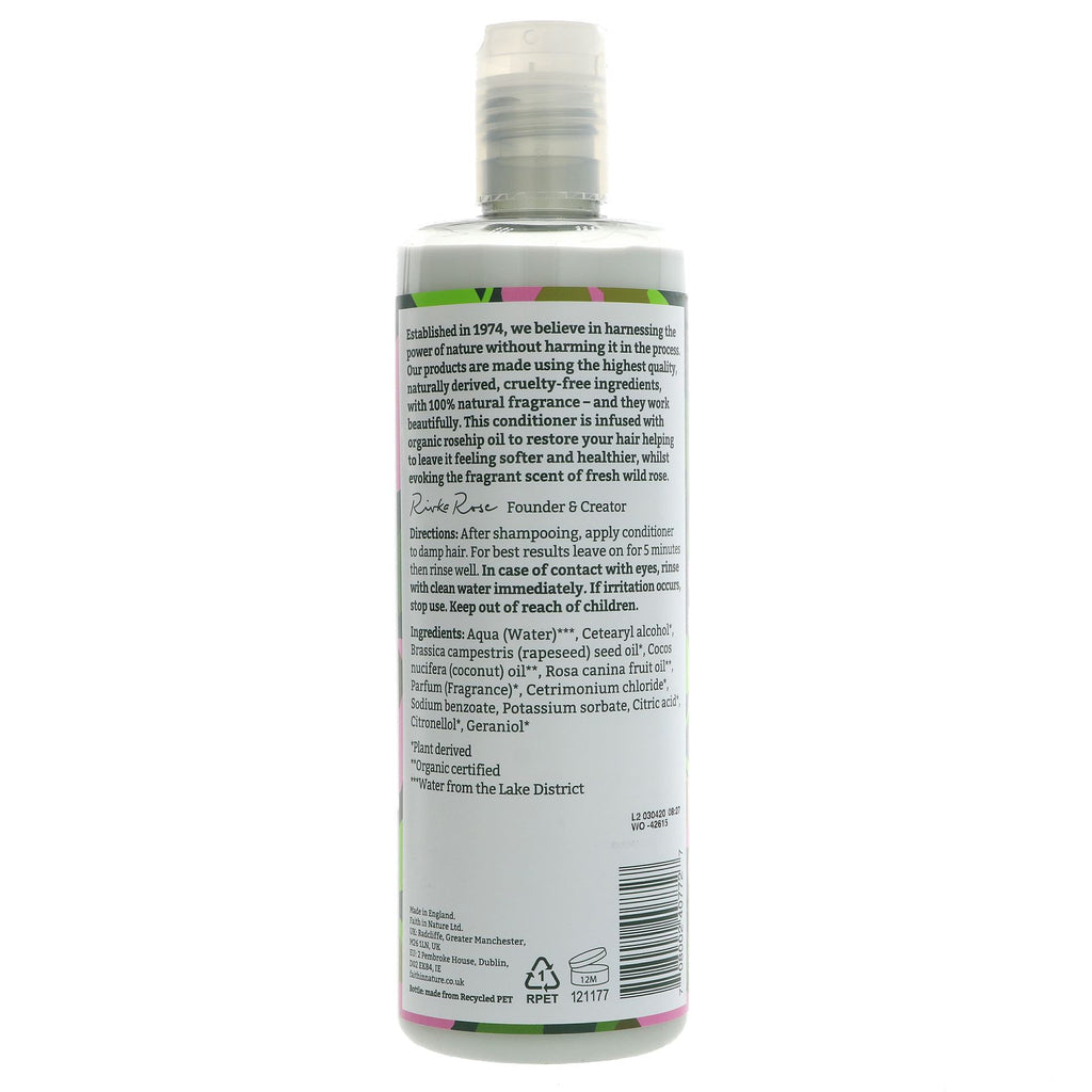 Nourishing vegan conditioner with natural wild rose ingredients for soft and shiny hair.