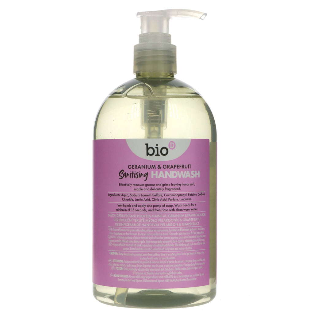 Bio D Geranium Sanitiser Hand Wash - Vegan, anti-bacterial, & natural. Kills 99.9% of germs for clean, soft hands.