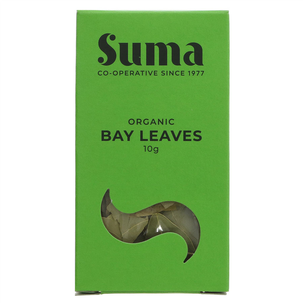 Suma organic Bay Leaves - perfect for soups, stews, and sauces. Pungent, bittersweet, and spicy. Vegan and organic. No VAT charged.