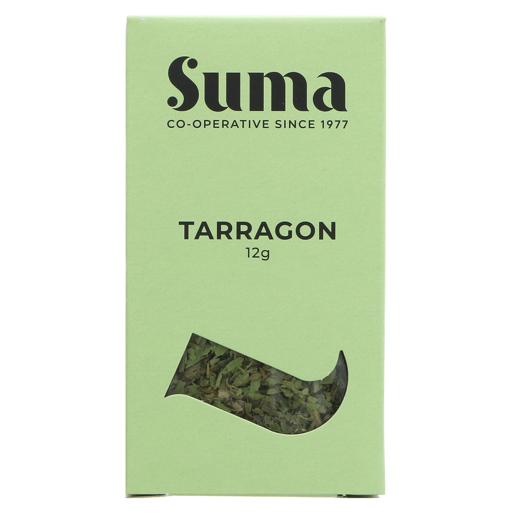 Suma Tarragon 12g - Vegan herb for flavorful and aromatic seasoning of chicken, fish, and vegetables. No VAT charged. Sold by Superfood Market since 2014.