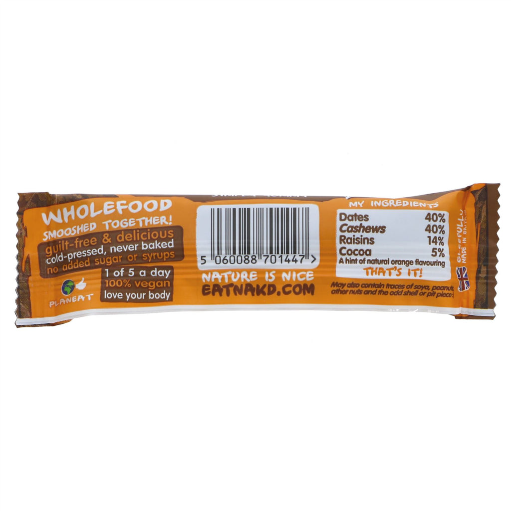 Nakd Cocoa Orange Bar: Gluten-free, vegan, and made with all-natural ingredients. No added sugar, dairy, wheat, or GM ingredients.