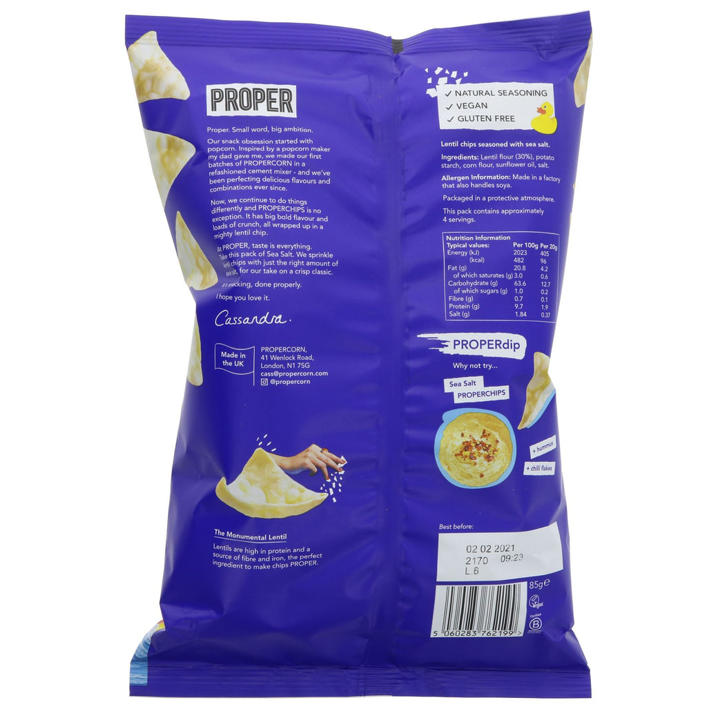 Healthy vegan sea salt lentil chips with 30% less fat and under 100 kcal per serving. Gluten-free and no added sugar.