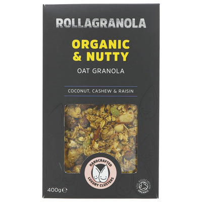 Indulge in the deliciousness of Rollagranola's Organic & Nutty Granola. Handmade with expertise in the UK, this artisan granola is gluten-free, organic, and vegan. Made from organic and natural ingredients, it's crispy, medium sweet, and packed with nuts and coconut flakes. Perfect for a healthy and satisfying breakfast or snack.