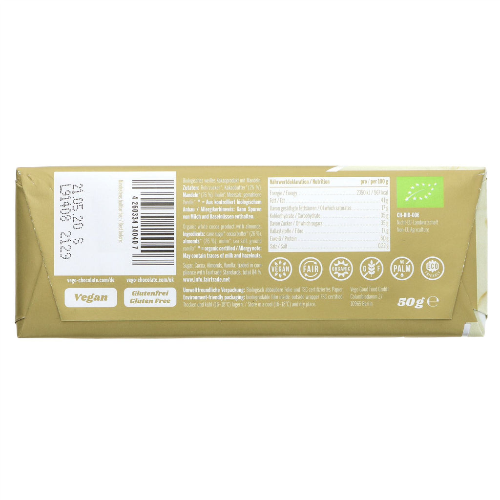 Vegan, Fairtrade, Organic, No Added Sugar chocolate bar with biodegradable packaging.